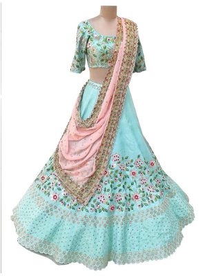 Buy Banglori Silk Sky Blue Replica Lehenga Choli