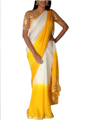 Buy Padding Georgette Yellow & White Replica Saree