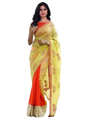 Buy Chanderi Silk With 60gm Georgette Yellow & Red Replica Saree