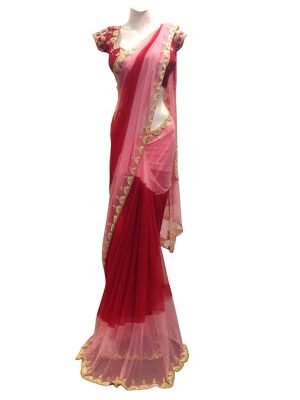 Buy Nylon Mono Net Maroon & Pink Replica Saree