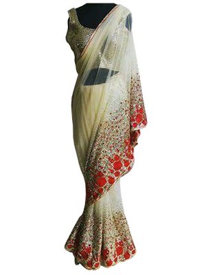 Buy Nylon Mono Net Cream & Red Replica Saree