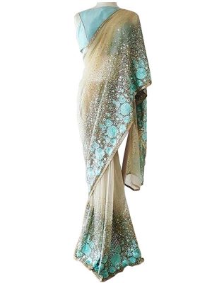 Buy Nylon Mono Net Cream & Rama Green Replica Saree