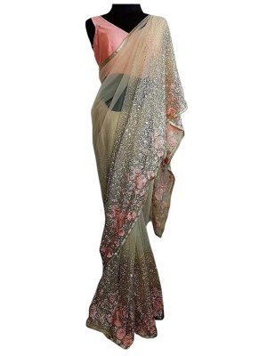 Buy Nylon Mono Net Cream & Pink Replica Saree