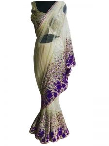 Buy Nylon Mono Net Cream & Purple Replica Saree