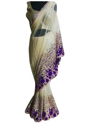 Buy Nylon Mono Net Cream & Purple Replica Saree