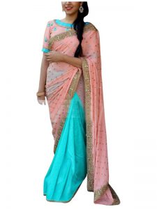 Buy Georgette Peach & Blue Bollywood Replica Saree