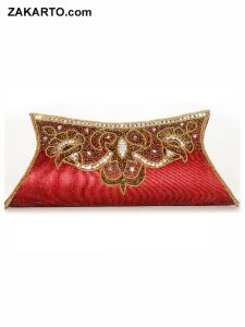 Red Color Rawsilk Clutch With Heavy Handwork