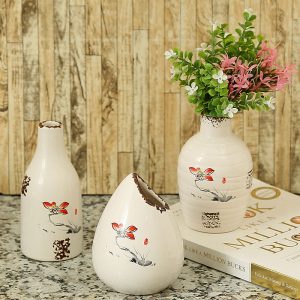 Rusty Finish Hand Painted White Ceramic Vases - Set of 3