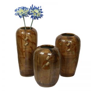 Hand-painted Broad Open Brown Ceramic Vases - Set of 3