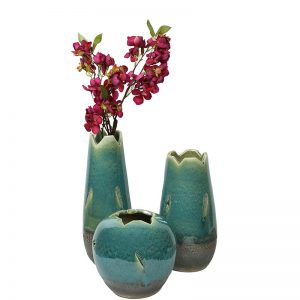 Handcrafted Dual tone Teal Green Ceramic Glossy Vase - Set of 3