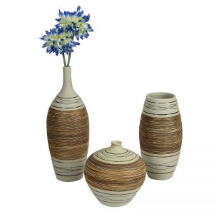 Set of 3 Brown & Beige Ceramic Vases