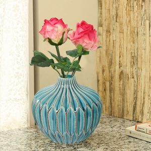 Round Bottle Style Aqua Blue Ceramic Decorative Vase