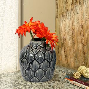 Aqua Blue Leafy Design Ceramic Vase