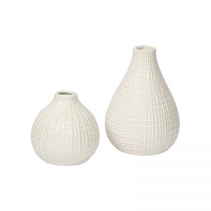 Round Glazed White Ceramic Decorative Vase - Set of 2