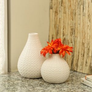 Round Glazed White Ceramic Decorative Vase - Set of 2