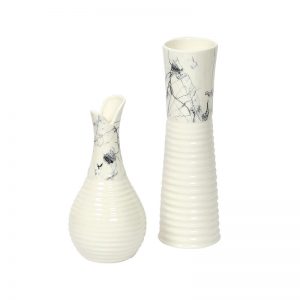 White Designer Marble Effect Cylindrical Ceramic Vase - Set of 2