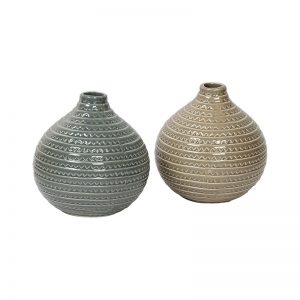 Round Decorative Glazed Ceramic Vase Beige & Grey Set of 2