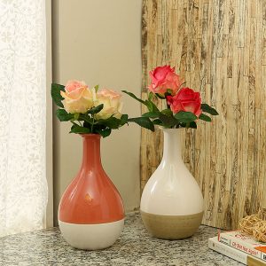 Dual Tone Orange And White Ceramic Vase - Set of 2