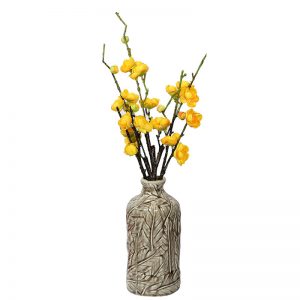 Handcrafted Leafy Design Decorative Beige Ceramic Vase