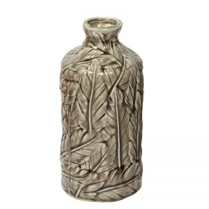 Handcrafted Leafy Design Decorative Beige Ceramic Vase