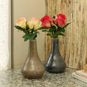 Set of 2 Grey & Beige Marble Finish Shiny Ceramic Vase