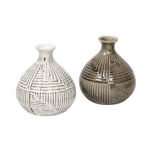 Geometrical Brown & White Handcrafted Ceramic Vase - Set of 2