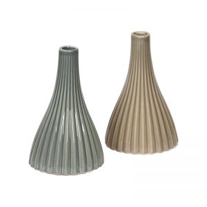 Linear Ribbed Style Brown & Grey Ceramic Vase - Set of 2
