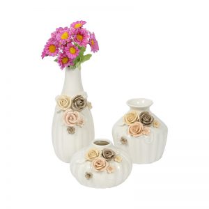 Delicately Handcrafted Floral Design Ceramic Vase Set Of 3