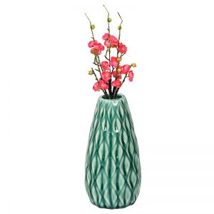 Geometrically Designed Shiny Green Ceramic Vase