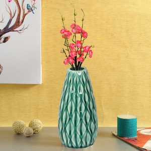 Geometrically Designed Shiny Green Ceramic Vase
