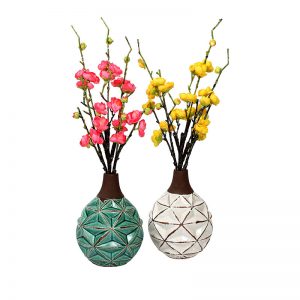 Green & White Rustic Finish Round Ceramic Vase - Set of 2