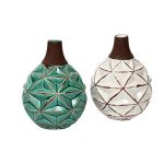 Green & White Rustic Finish Round Ceramic Vase - Set of 2