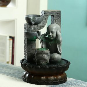 Hand Sculpted Serene Buddha Flowing Water Indoor Fountain with Light