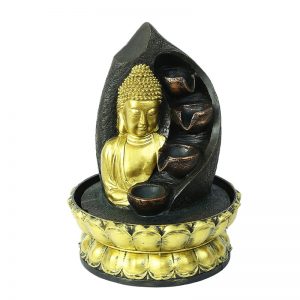 Hand Sculpted Golden Lotus Buddha Indoor Water Fountain with Light