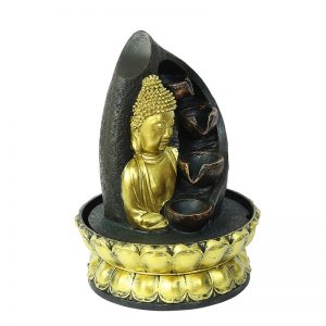 Hand Sculpted Golden Lotus Buddha Indoor Water Fountain with Light