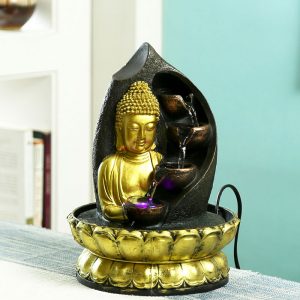 Hand Sculpted Golden Lotus Buddha Indoor Water Fountain with Light