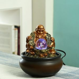 Hand Sculpted Laughing Buddha Indoor Water Fountain with Light
