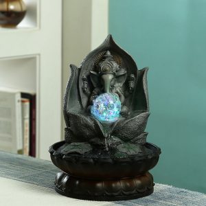 Lotus Ganesh Hand Sculpted Indoor Water Fountain with Light