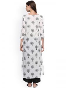 Women White Printed Front-Slit A-Line Kurta