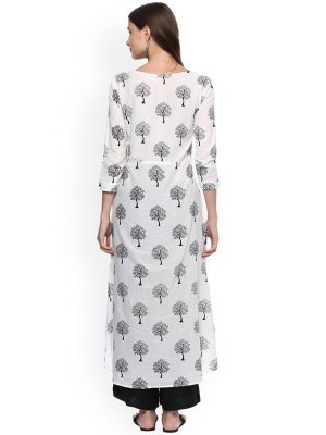 Women White Printed Front-Slit A-Line Kurta