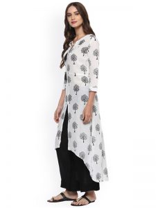 Women White Printed Front-Slit A-Line Kurta