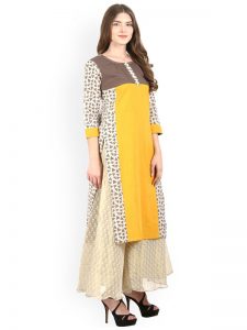 Women Yellow & Beige Printed Straight Kurta