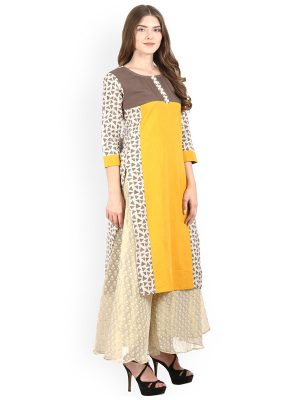 Women Yellow & Beige Printed Straight Kurta