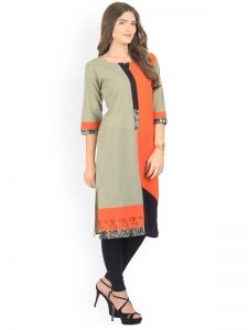 Women Orange & Taupe Colourblocked Straight Kurta