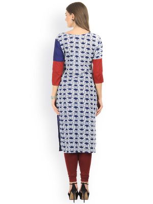 Women Blue & White Printed Straight Kurta