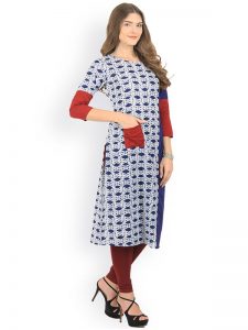 Women Blue & White Printed Straight Kurta