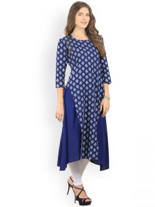 Women Blue Printed A-Line Layered Kurta