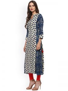 Women Blue & Beige Printed A-Line Kurta