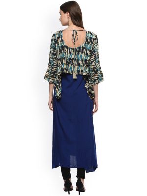 Women Blue Printed A-Line Kurta with Layered Shrug