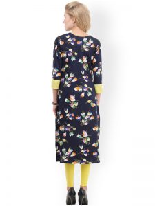 Women Navy Blue Printed Crepe Straight Kurta